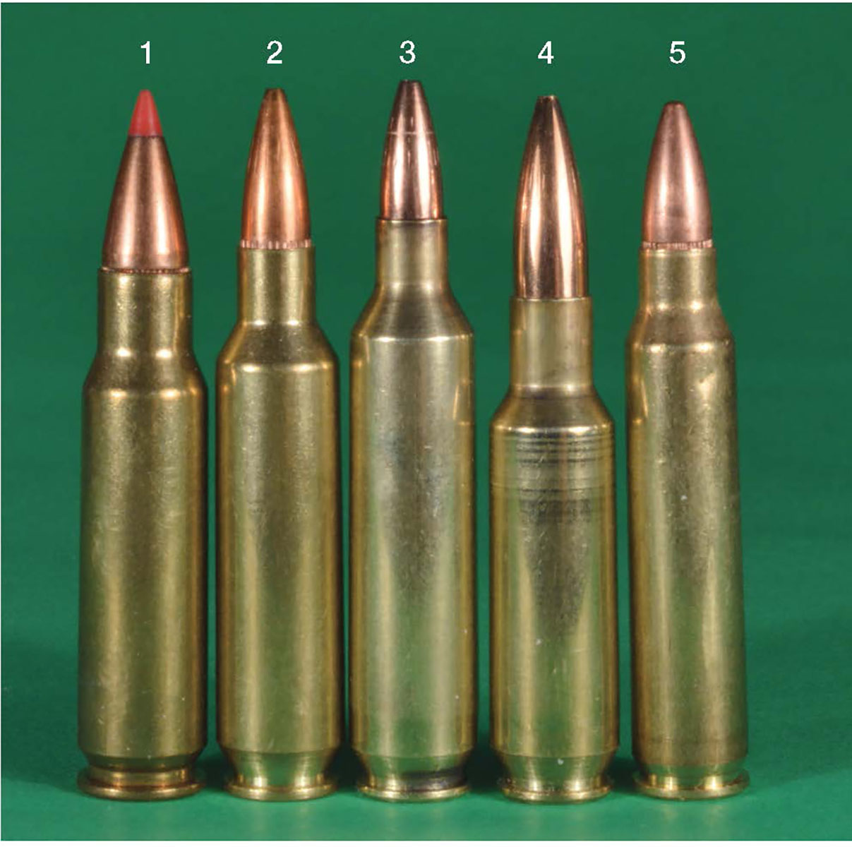 Shown here for comparison is the (1) 6.8 Remington SPC, (2) 22 Nosler, (3) 20 Nosler, (4) 24 Nosler and the (5) 223 Remington.